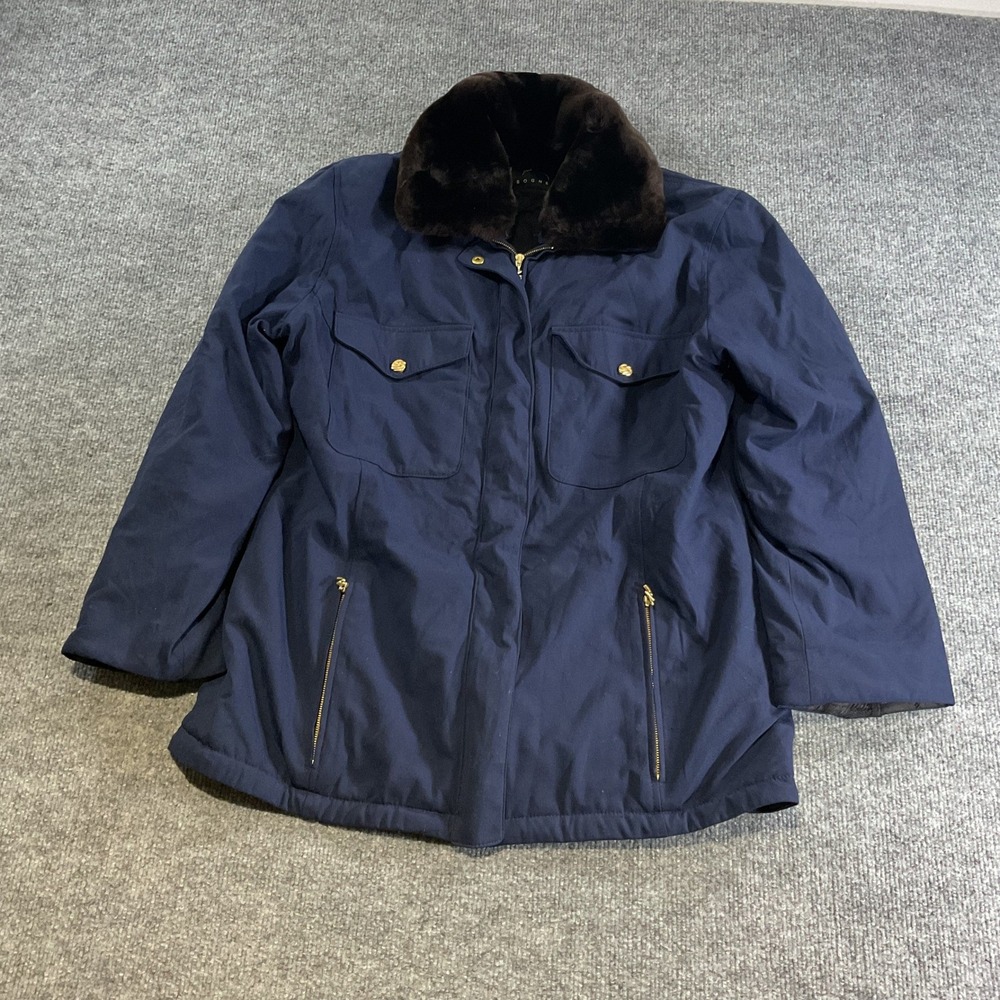 Bogner Navy Blue Cordura Field Jacket Natural Fur Collar Gold Hardware Size 10